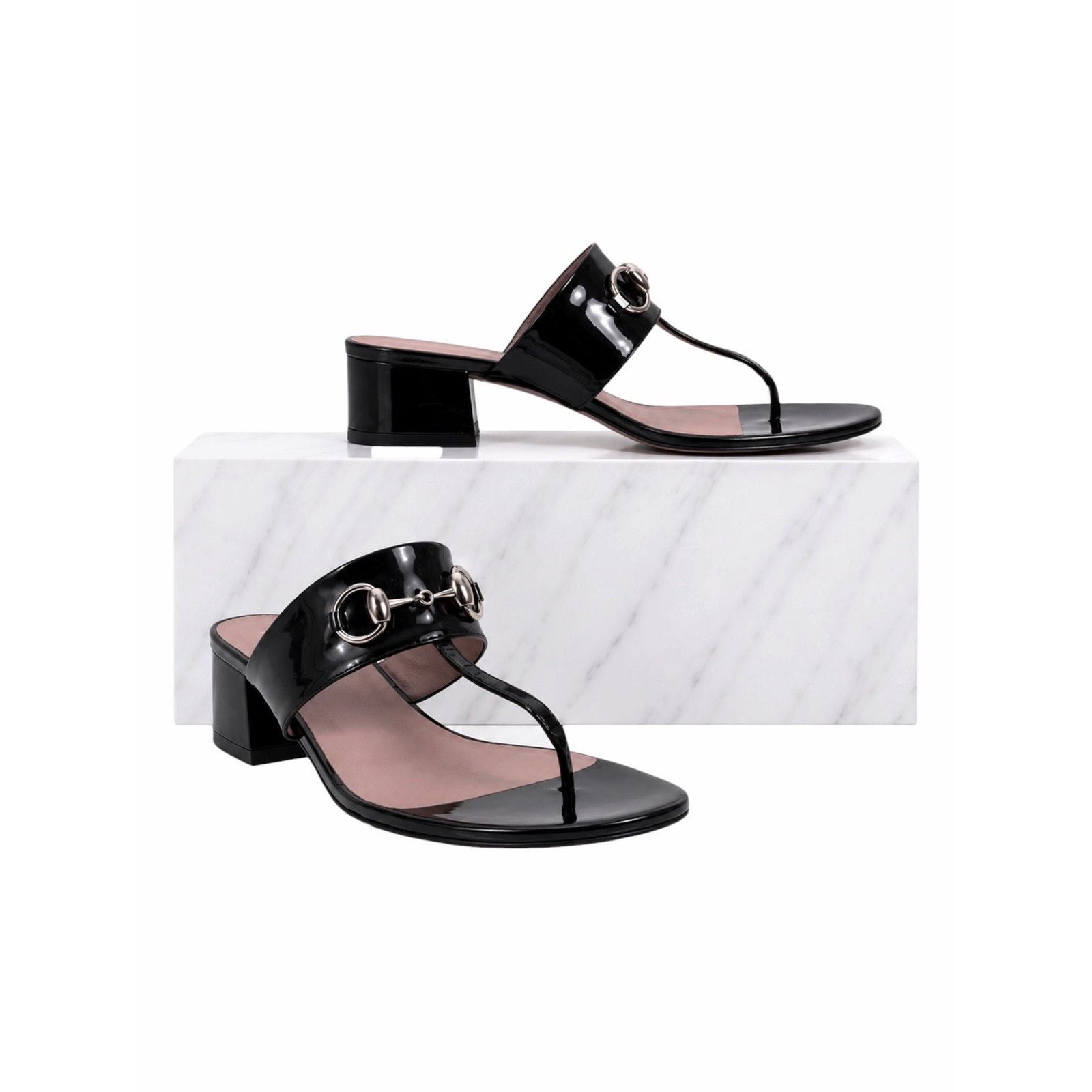Gucci Horsebit Patent Leather Thong Sandal Block Heel Black Size 39.5